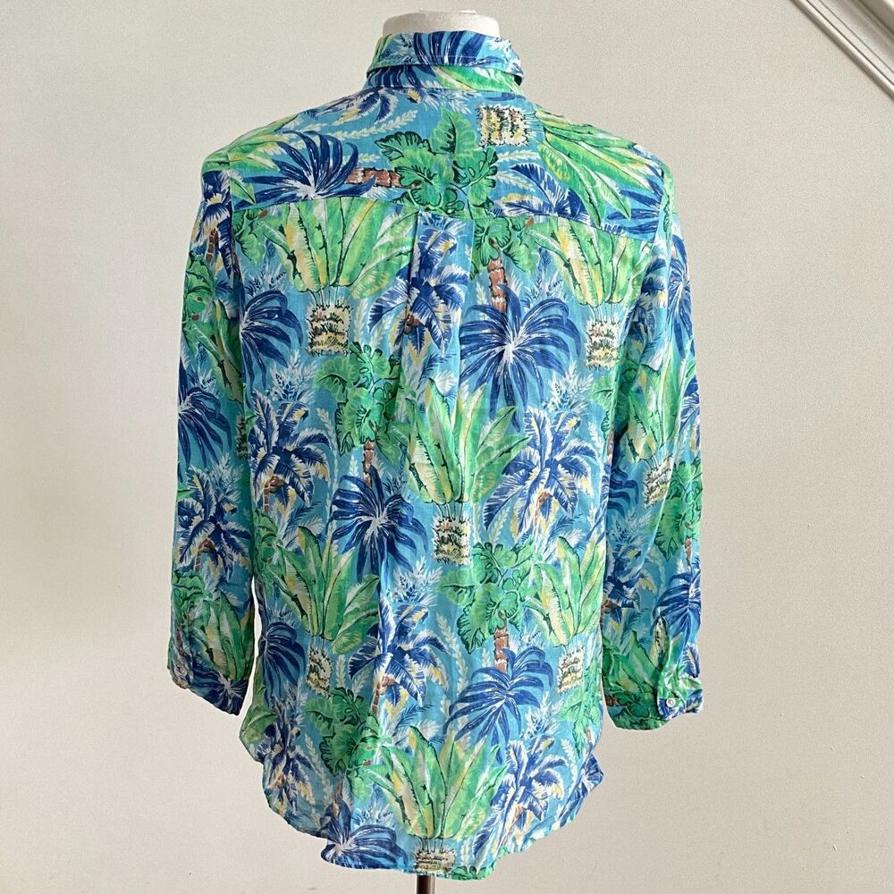 100 % Linen J McLaughlin Floral Palm Button Front Shirt L - Picture 4 of 10